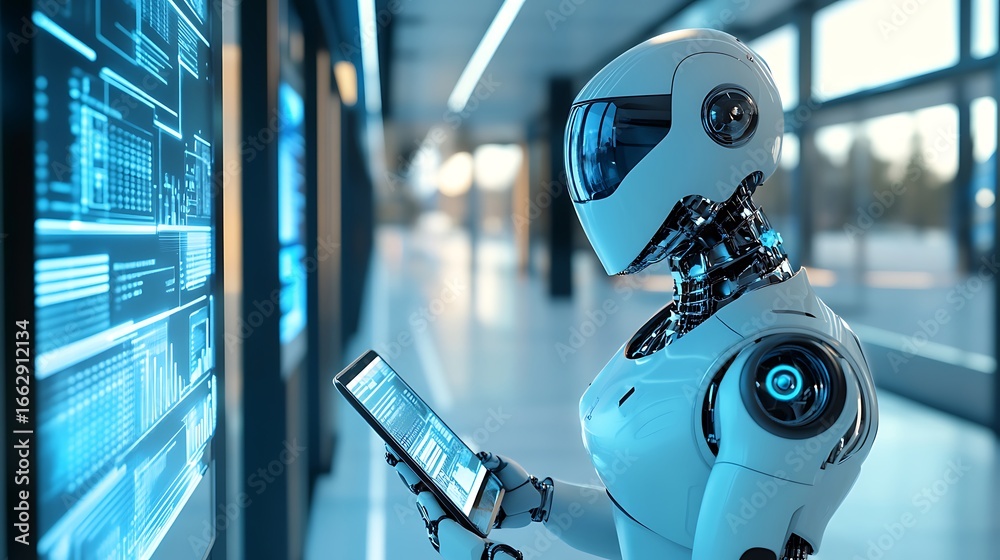 Wall mural robot using tablet to analyze data on digital display screens