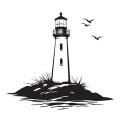 black silhouette of lighthouse on rocky coast with seagulls flying around, clean composition, simple vector lines on white background 