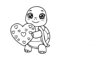 Cute Cartoon Turtle Holding Heart - Love Themed Outline Illustration