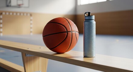 A Moment's Rest: A Quiet, Photorealistic Still Life of a Basketball and Water Bottle on a Bench.