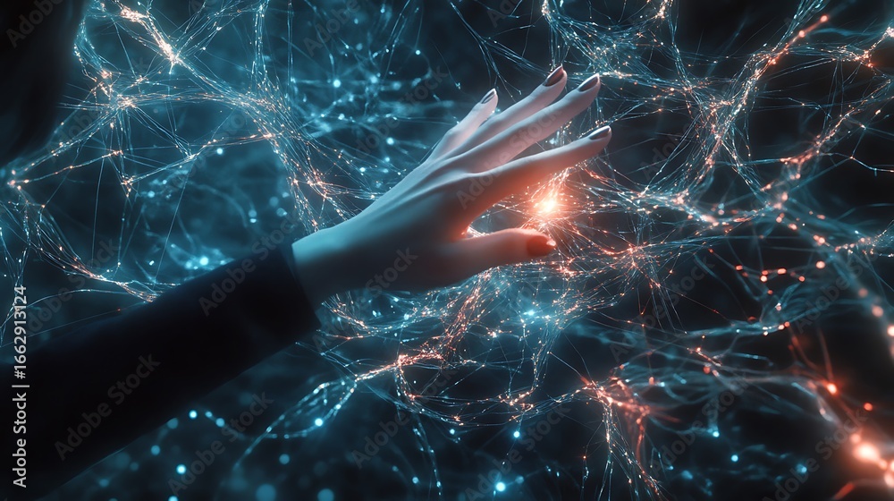 Wall mural a hand interacting with a glowing network of interconnected lines