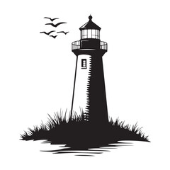 black silhouette of lighthouse on rocky coast with seagulls flying around, clean composition, simple vector lines on white background 