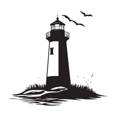 black silhouette of lighthouse on rocky coast with seagulls flying around, clean composition, simple vector lines on white background 