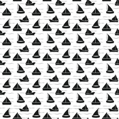 Seamless pattern with black sailboat and wave. Repeating background of sailing ship on water.