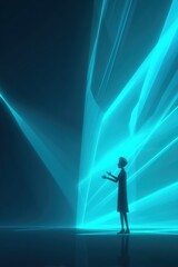 Futuristic technology concept art displaying a silhouetted figure illuminated by blue laser beams representing innovation and advanced digital landscape