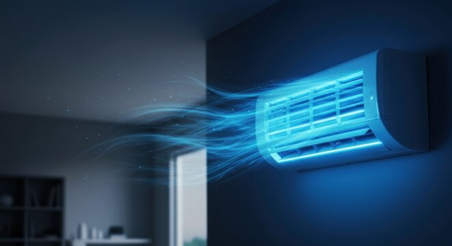 A modern air conditioning unit is mounted on a wall, emitting cool air.