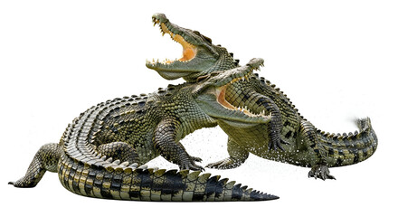 Fototapeta premium Two crocodiles engaged in a fierce struggle, jaws open, displaying powerful teeth and scales against a stark white background.