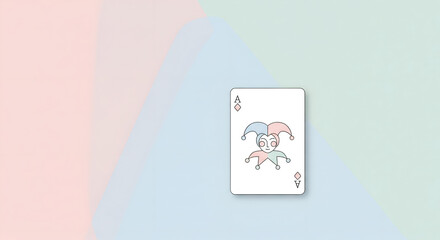 A playing card with a joker illustration is centered on a pastel gradient background.