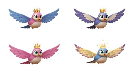 Cute cartoon birds with crowns in flight
