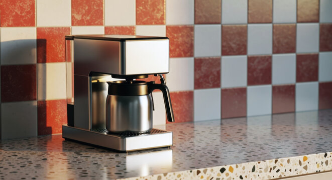 A sleek, modern coffee maker on a terrazzo countertop in a kitchen with retro tiles. - Powered by Adobe