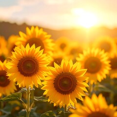 Obraz premium Sunlit Sunflower Field at Sunset (1)