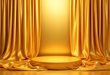 A luxurious golden satin fabric draped elegantly over a small platform or podium perfect for product advertising or presentation with golden curtain background.