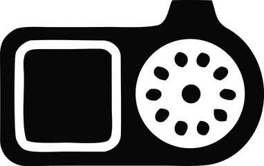 Vintage retro radio icon symbol featuring a square screen and rotary dial in bold black and white outline