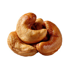 Roasted Cashew Nuts Piled on a White Background with Glossy Finish and Distinctive Shape