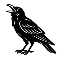 Fototapeta premium A dramatic black and white illustration of a raven with its beak open, as if cawing, with detailed wing and feather textures.