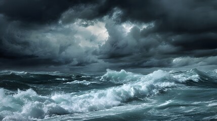 Fototapeta premium Dramatic stormy sea with turbulent waves and dark clouds, capturing nature's raw power and beauty