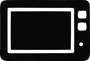 Simple black and white icon of a microwave oven showing a dark display screen and control buttons for kitchen and appliance concepts