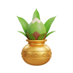 Golden kalash with coconut and mango leaves for indian puja