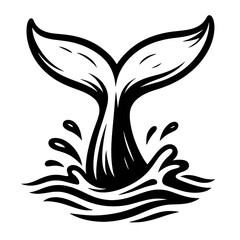 Obraz premium A dynamic black and white illustration of a whale's tail fluke emerging from splashing water, symbolizing the ocean.