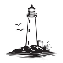 black silhouette of lighthouse on rocky coast with seagulls flying around, clean composition, simple vector lines on white background 