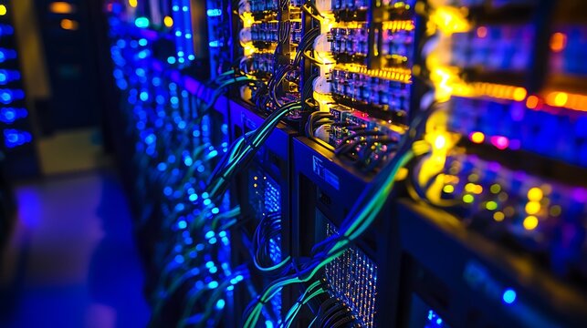 Close up view of a server rack with cables and colorful lights
