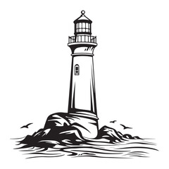 black silhouette of lighthouse on rocky coast with seagulls flying around, clean composition, simple vector lines on white background 