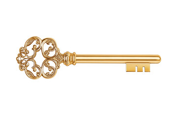 Elegant antique gold key symbol of luxury and success isolated on white background, golden vintage key, antique gold key isolated, clip art, png