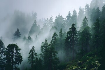 Misty forest landscape with tall evergreen trees shrouded in fog and soft light filtering through
