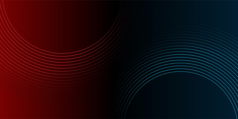 Abstract futuristic technology lines background with red and blue light effect. Gradient circle line pattern design. Glowing lines vector. Modern dark banner template graphic elements.