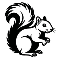 A charming black and white graphic illustration of a squirrel with its characteristic bushy tail held high.