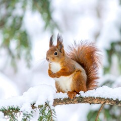 Red squirrel on snowy branch in winter