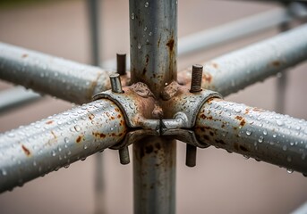 Close-up of weathered metal scaffolding joint detail covered in raindrops revealing industrial texture and structural