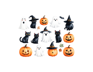 Halloween background with cute little cat, pumpkin, cute little ghost on white background.