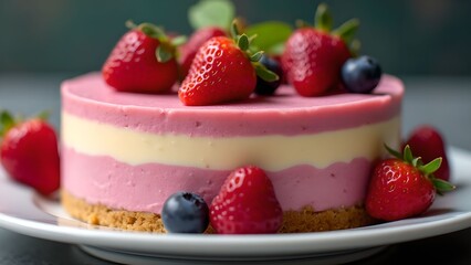 Delicious layer cake adorned with fresh berries served on a plate in casual setting