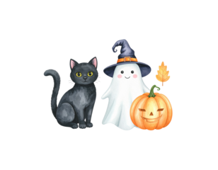 Halloween background with cute little cat, pumpkin, cute little ghost on white background.