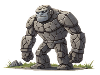Cartoon Stone Golem Standing on Grass with Rocks creature monster isolated on a transparent background