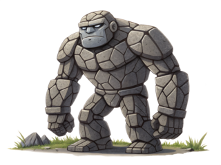 Cartoon Stone Golem Standing on Grass with Rocks creature monster isolated on a transparent background