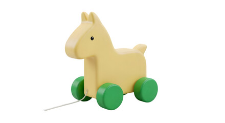 Fototapeta premium Minimalist wooden toy horse on wheels, vintage pull toy for toddlers, eco friendly nursery playroom decoration isolated on White Background