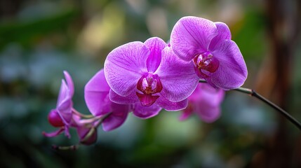 close-up of a purple orchid flower in a botanical garden, with a nature background. 