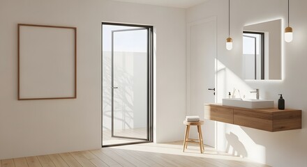 Modern Bathroom Interior with Wooden Accents and Natural Light