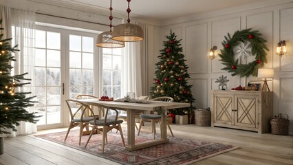 Realistic Scandinavian USA dining room, festive table setting and seasonal decor in warm neutrals with pops of red and green hues