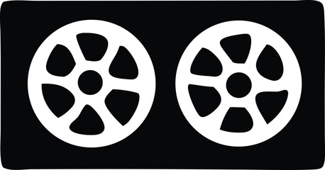Two white cogwheel gears with six spokes on a black rectangular background representing machinery and precision engineering