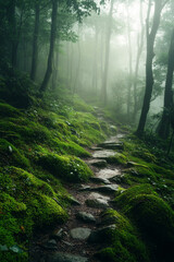 Obraz premium Misty forest path with moss covered stones