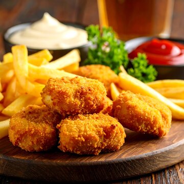 Crispy chicken nuggets and fries with dipping sauces