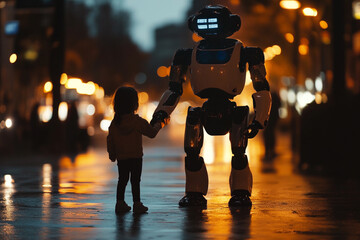 Child holding hands with humanoid robot in city