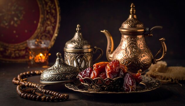 Dried dates in ornate copperware