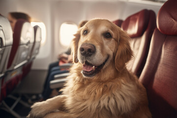Golden retriever sitting on airplane seat