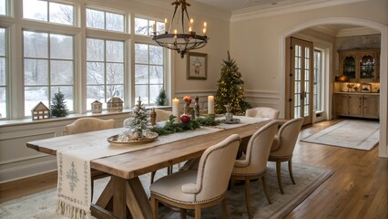 Fototapeta premium Luxury European Christmas dining room with rectangular travertine table and elegant holiday styling for Florida coastal homes