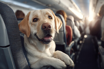 Labrador dog traveling inside airplane cabin