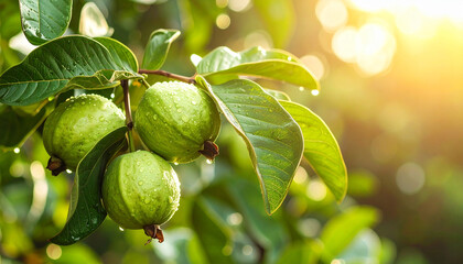 Ripe guava growing on branch with green leaves and water drops. Garden fruit tree. Sun shining.
